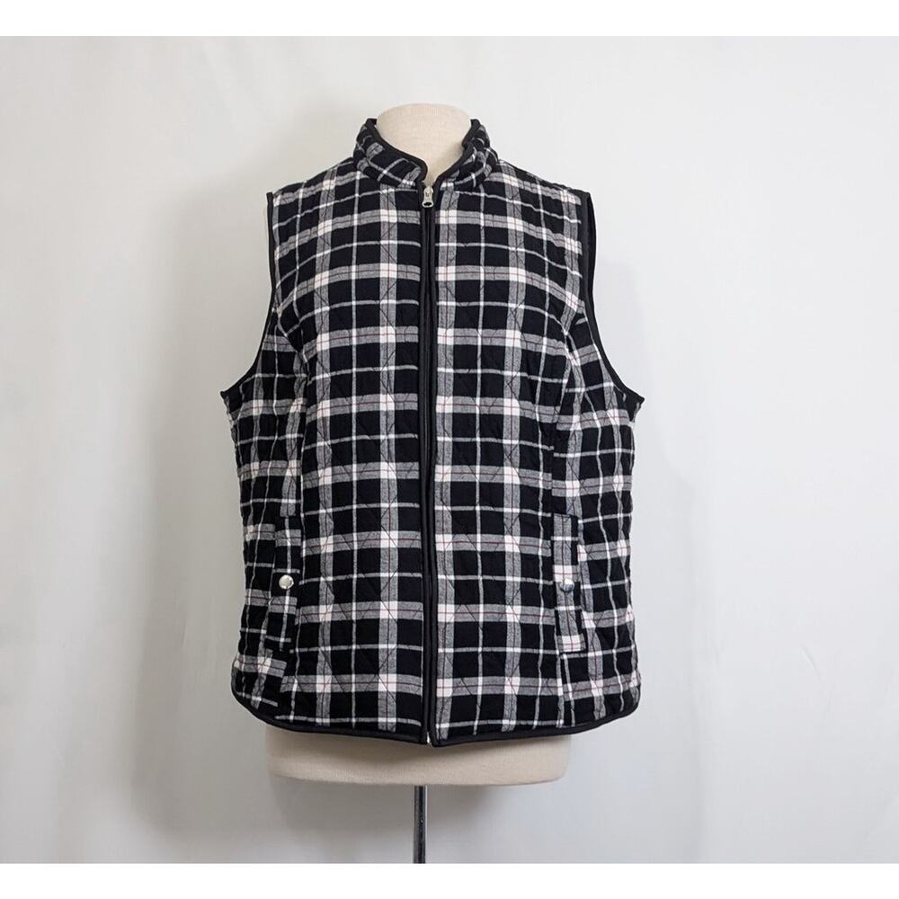 Croft & Barrow Vest Plaid Quilted Black White Red Zip Women's Size XXL
